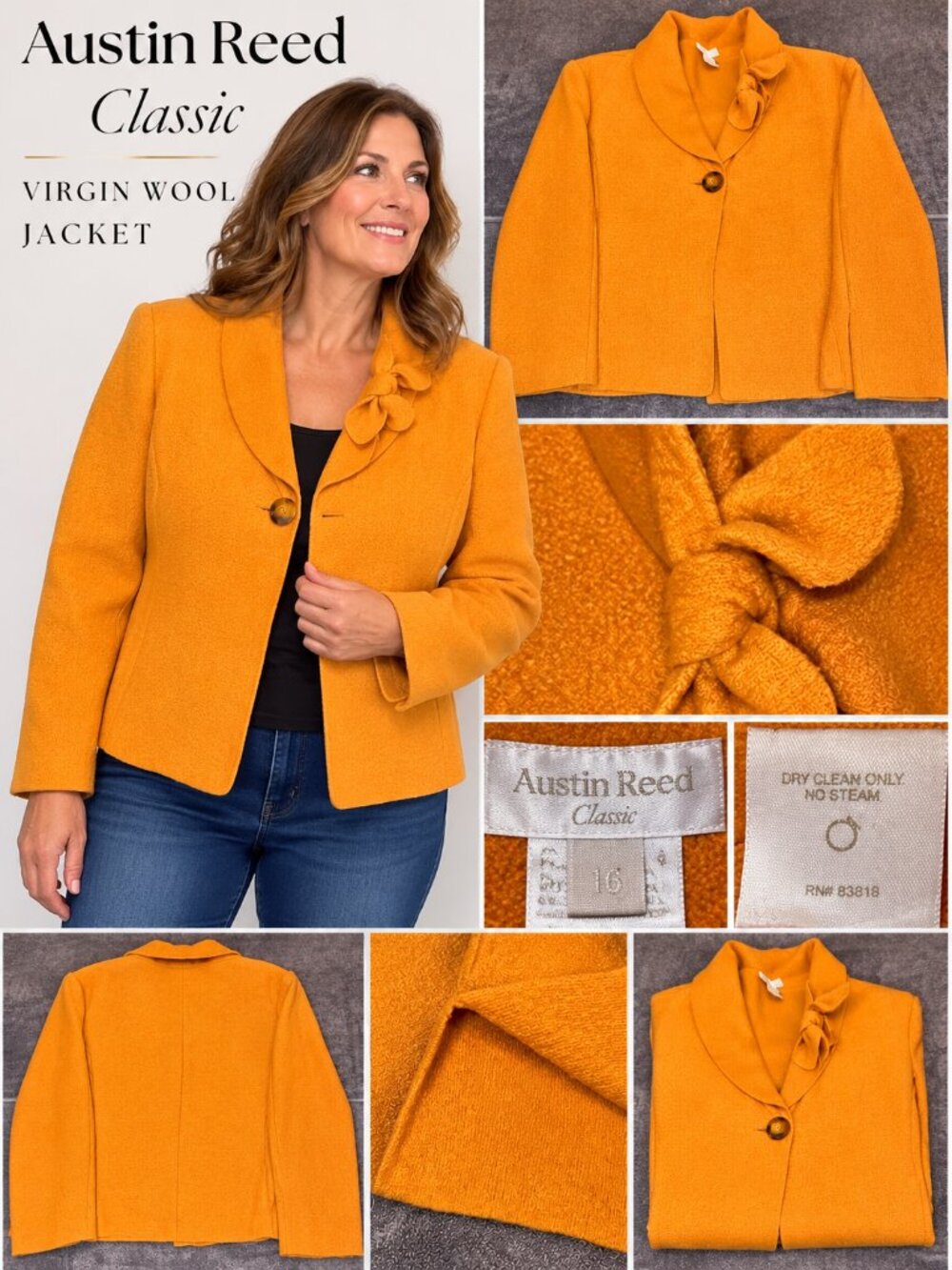 Austin Reed Classic Women’s Size 16 Orange 100% Virgin Wool Bow Collar Jacket